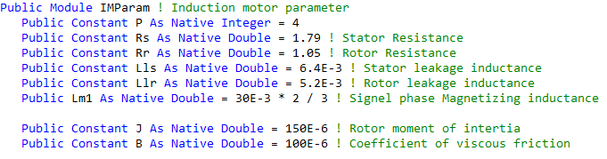 Induction motor parameters and controller gain intialization script file
